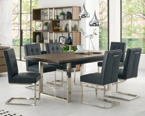 Tivoli Dark Oak 6-8 Seater Table & 6 Cantilever Chairs in Mottled Black Faux Leather