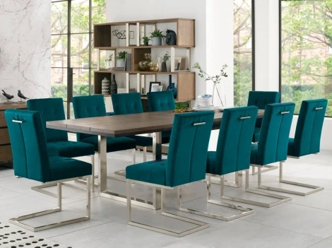 Tivoli Dark Oak 6-10 Seater Table & 10 Cantilever Chairs in Sea Green Velvet
