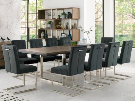 Tivoli Dark Oak 6-10 Seater Table & 10 Cantilever Chairs in Gun Metal Velvet