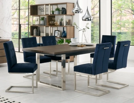 Tivoli Dark Oak 6-8 Seater Table & 6 Cantilever Chairs in Dark Blue Velvet
