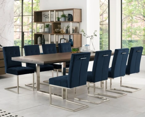 Tivoli Dark Oak 6-8 Seater Table & 8 Cantilever Chairs in Dark Blue Velvet