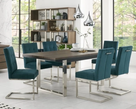 Tivoli Dark Oak 6-8 Seater Table & 6 Cantilever Chairs in Sea Green Velvet