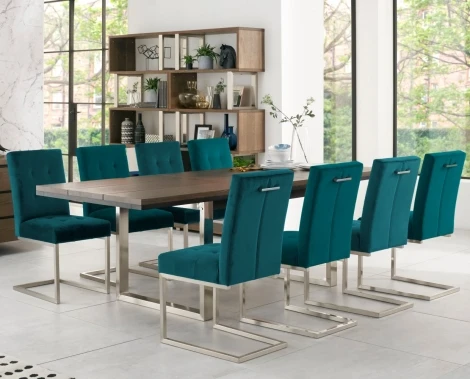 Tivoli Dark Oak 6-8 Seater Table & 8 Cantilever Chairs in Sea Green Velvet