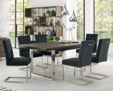 Tivoli Dark Oak 6-8 Seater Table & 6 Cantilever Chairs in Gun Metal Velvet