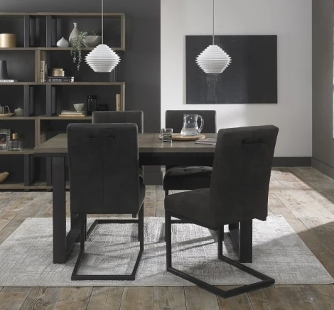 Tivoli Weathered Oak 4-6 Seater Table & 6 Indus Cantilever Chairs in Dark Grey Fabric