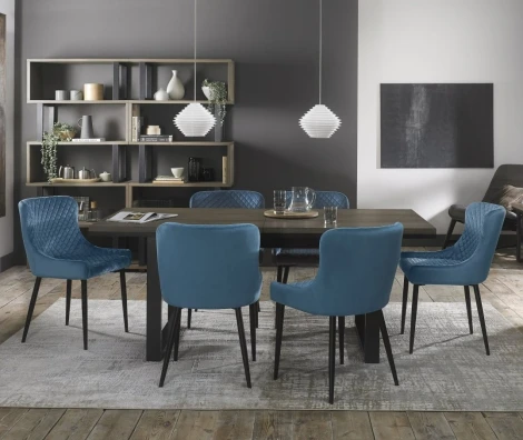 Tivoli Weathered Oak 6-8 Seater Table & 6 Cezanne Petrol Blue Velvet Chairs - Black Legs