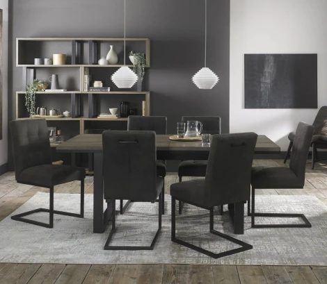 Tivoli Weathered Oak 6-8 Seater Table & 8 Indus Cantilever Chairs in Dark Grey Fabric
