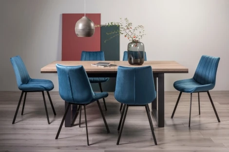 Tivoli Weathered Oak 6-8 Seater Table & 6 Fontana Blue Velvet Chairs
