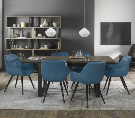 Tivoli Weathered Oak 6-8 Seater Table & 6 Dali Petrol Blue Velvet Chairs