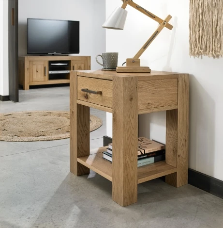 Turin Light Oak Lamp Table With Drawer