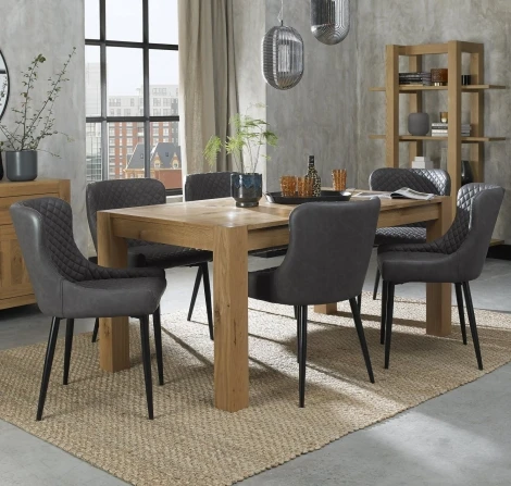 2620-2-01-FGY-6 - Turin Light Oak 6-8 Seater Table & 6 Cezanne Dark Grey Faux Leather Chairs - Black Legs