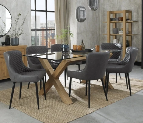 Turin Glass 6 Seater Table & 6 Cezanne Dark Grey Faux Leather Chairs - Black Legs