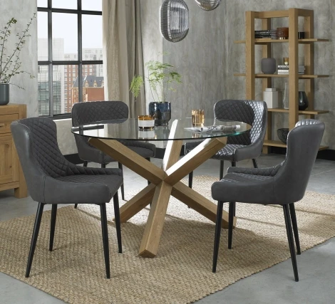 2623-9-01-FGY-4 - Turin Glass 4 Seater Table & 4 Cezanne Dark Grey Faux Leather Chairs - Black Legs