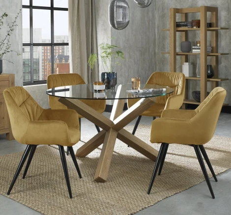 2623-9-40-VMU-4 - Turin Glass 4 Seater Table & 4 Dali Mustard Velvet Chairs