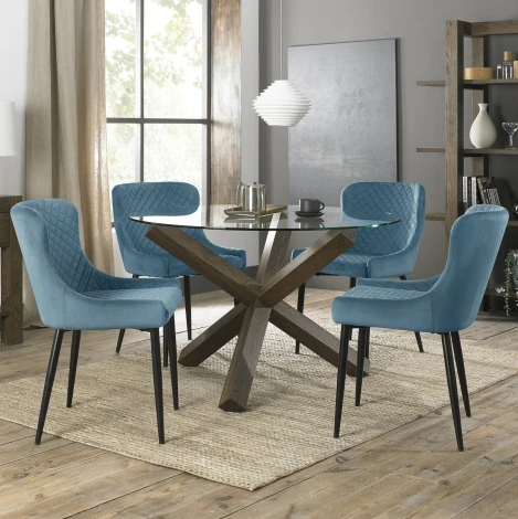 Turin Glass 4 Seater Table & 4 Cezanne Petrol Blue Velvet Chairs - Black Legs