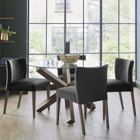 Turin Glass 4 Seater Table & 4 Low Back Chairs in Gun Metal Velvet