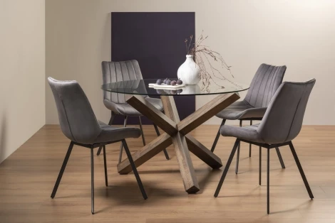 Turin Glass 4 Seater Table & 4 Fontana Grey Velvet Chairs