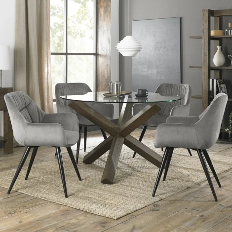 Turin Glass 4 Seater Table & 4 Dali Grey Velvet Chairs
