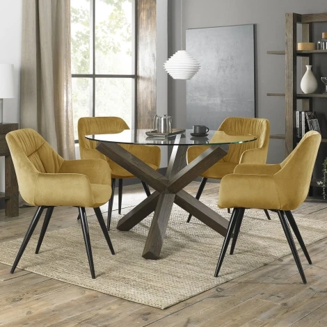 Turin Glass 4 Seater Table & 4 Dali Mustard Velvet Chairs