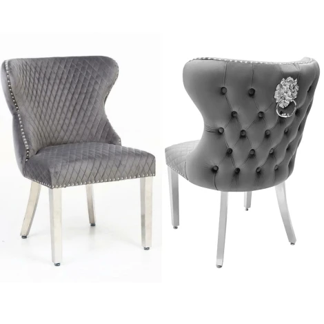 Valentino Grey Velvet, Silver Lion head Chair (Pair)
