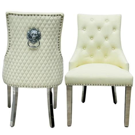 DC683 - Valencia Cream PU, Silver Lion Knocker Dining Chair (Pair)