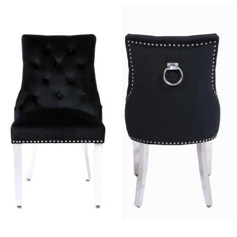 DC992 - Valencia Black Velvet, Silver Round Knocker Chair (Pair)