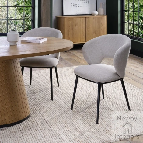 H1090-09-BEI - Vega Grey Oiled Oak Dining Chair - Beige Fabric with Matt Black Legs (Pair)