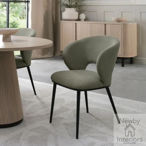 H1090-09-GRN - Vega Grey Oiled Oak Dining Chair - Green Fabric with Matt Black Legs (Pair)