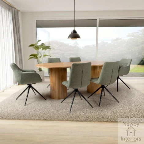 VER-202 - Vermont Oak 200cm Oval Dining Table, Fluted Dual Drum Base