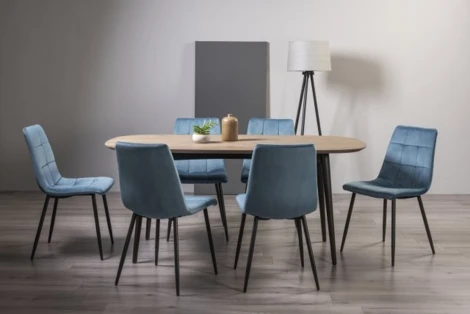 9135-4-10-VPB-6 - Vintage Weathered Oak 6 Seater Table & 6 Mondrian Petrol Blue Velvet Chairs
