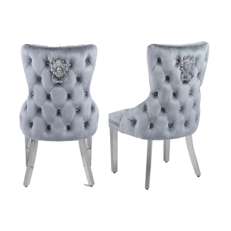 DC1001 - Victoria Silver Velvet, Silver Lion Knocker Chair (Pair)