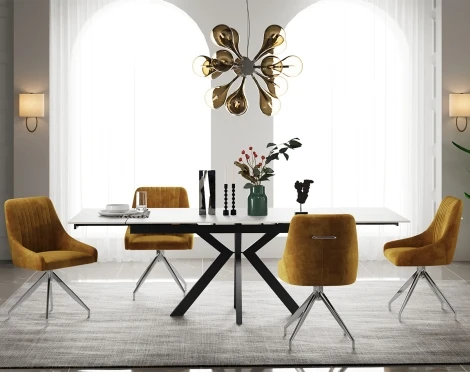 NH-TB-VITO-PG-GLS-DC-HUGO-MS-SSS - Vito Gloss Grey Ceramic Side Extending Dining Table & Mustard Chairs (120-180Cm)