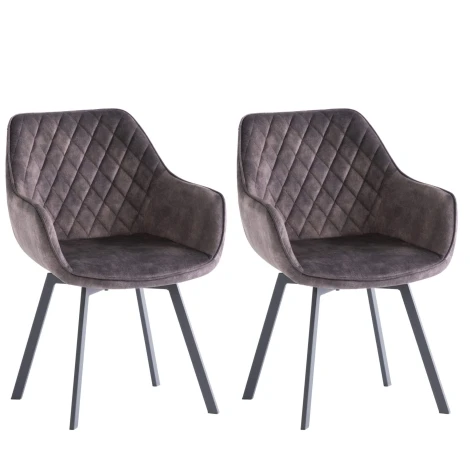 VI01 - Viola - 2x 360 Swivel Dining Chairs in Graphite Velvet - Diamond Stitch Pattern Design - Black Powder Coated Legs