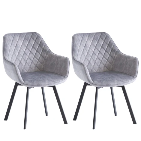 VI05 - Viola - 2x 360 Swivel Dining Chairs in Silver Velvet - Diamond Stitch Pattern Design - Black Powder Coated Legs