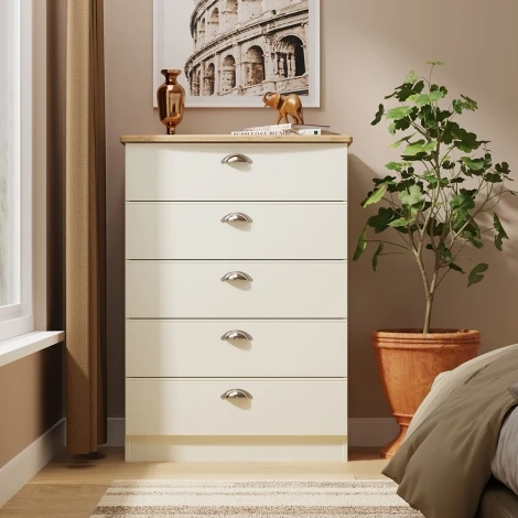 VIC012-CARO - Victoria - Cream Ash with Riviera Oak Top Chest of 5 Drawers
