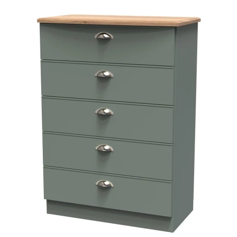 VIC012-RGRO - Victoria - Reed Green with Riviera Oak Top Chest of 5 Drawers