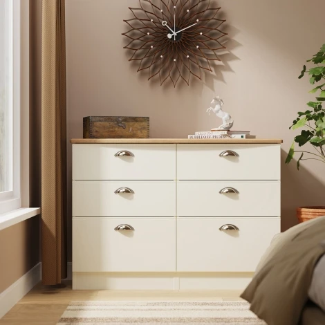 VIC015-CARO - Victoria - Cream Ash with Riviera Oak Top Midi Chest of 6 Drawers