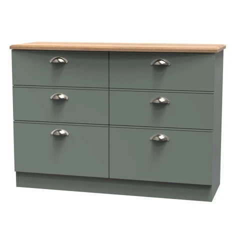 VIC015-RGRO - Victoria - Reed Green with Riviera Oak Top Midi Chest of 6 Drawers