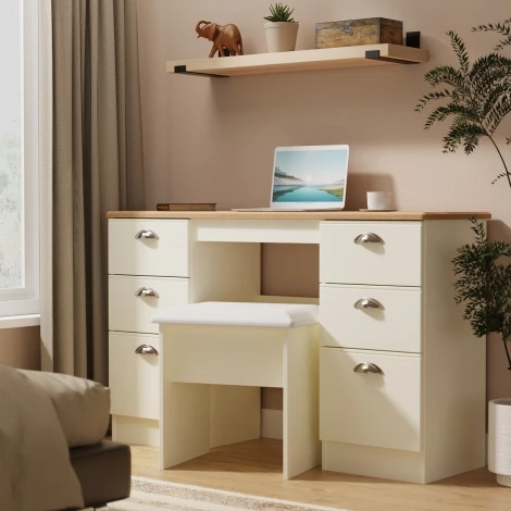 VIC030-CARO - Victoria - Cream Ash with Riviera Oak Top Kneehole Double Pedestal Dressing Table / Vanity Table / Desk