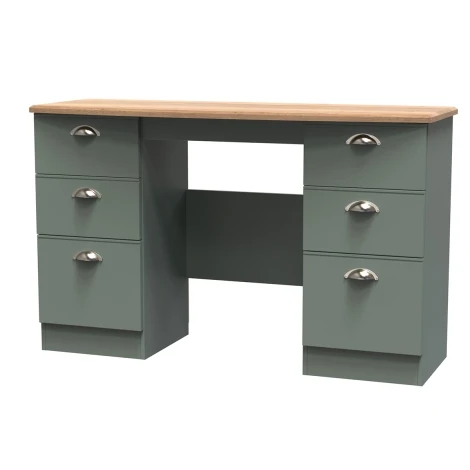 VIC030-RGRO - Victoria - Reed Green with Riviera Oak Top Kneehole Double Pedestal Dressing Table / Vanity Table / Desk