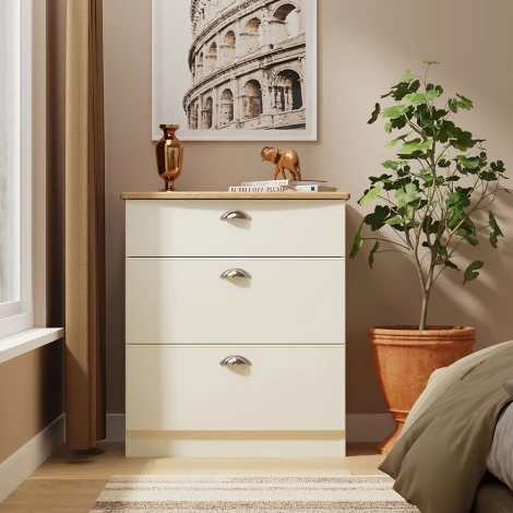 VIC049-CARO - Victoria - Cream Ash with Riviera Oak Top 3 Drawer Deep Chest