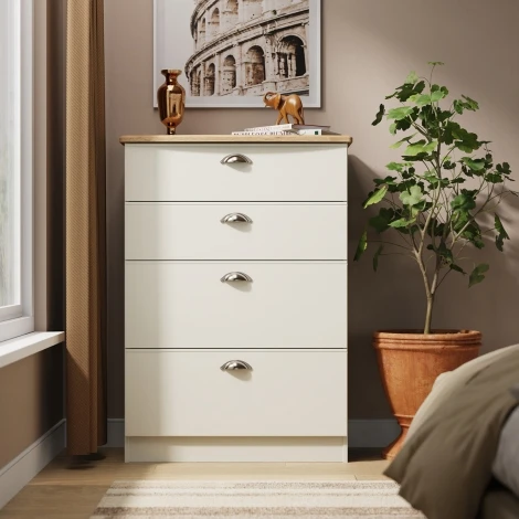 VIC050-CARO - Victoria - Cream Ash with Riviera Oak Top Chest of 4 Deep Drawers