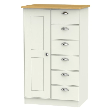 VIC059-CARO - Victoria - Cream Ash with Riviera Oak Top 1 Door 6 Drawer Childs / Kids Wardrobe