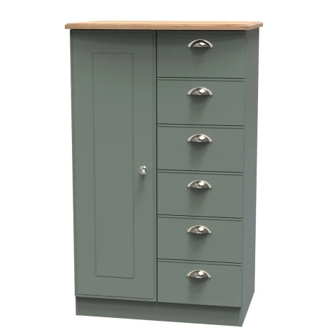 VIC059-RGRO - Victoria - Reed Green with Riviera Oak Top 1 Door 6 Drawer Childs / Kids Wardrobe