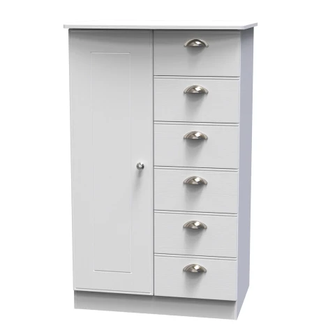 VIC059-WA - Victoria - 1 Door 6 Drawer Childs Wardrobe - White Ash Finish