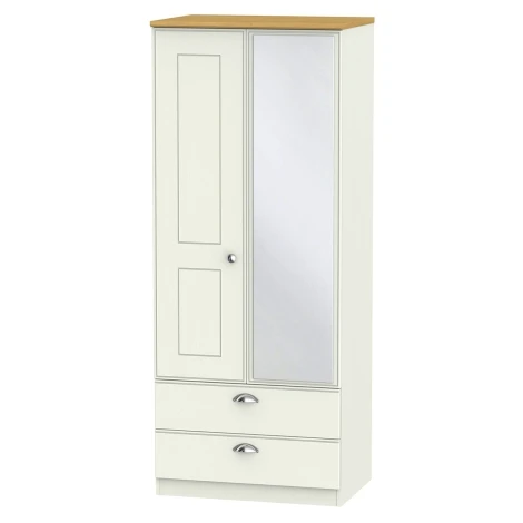 VIC062-CARO - Victoria - Cream Ash with Riviera Oak Top 2 Door 2 Drawer Double Mirrored Wardrobe