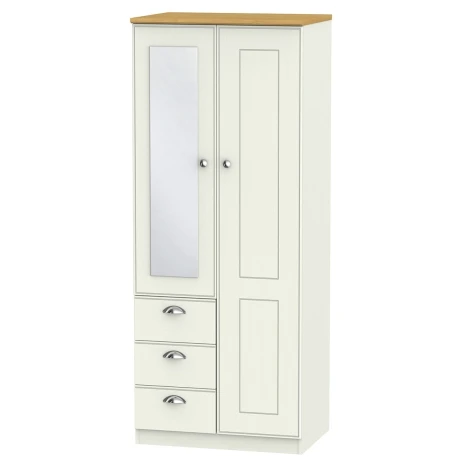VIC068-CARO - Victoria - Cream Ash with Riviera Oak Top 2 Door 3 Drawer Mirrored Wardrobe