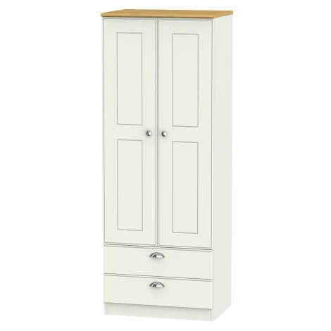 VIC081-CARO - Victoria - Cream Ash with Riviera Oak Top 2 Door 2 Drawer Double Tall Plain Wardrobe