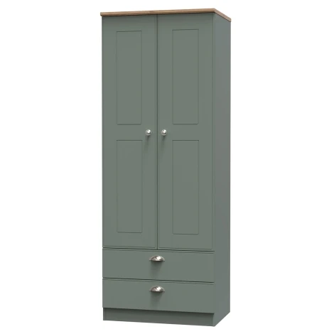 VIC081-RGRO - Victoria - Reed Green with Riviera Oak Top 2 Door 2 Drawer Double Tall Plain Wardrobe