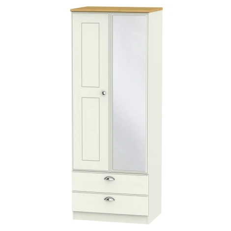 VIC082-CARO - Victoria - Cream Ash with Riviera Oak Top 2 Door 2 Drawer Tall Mirrored Wardrobe